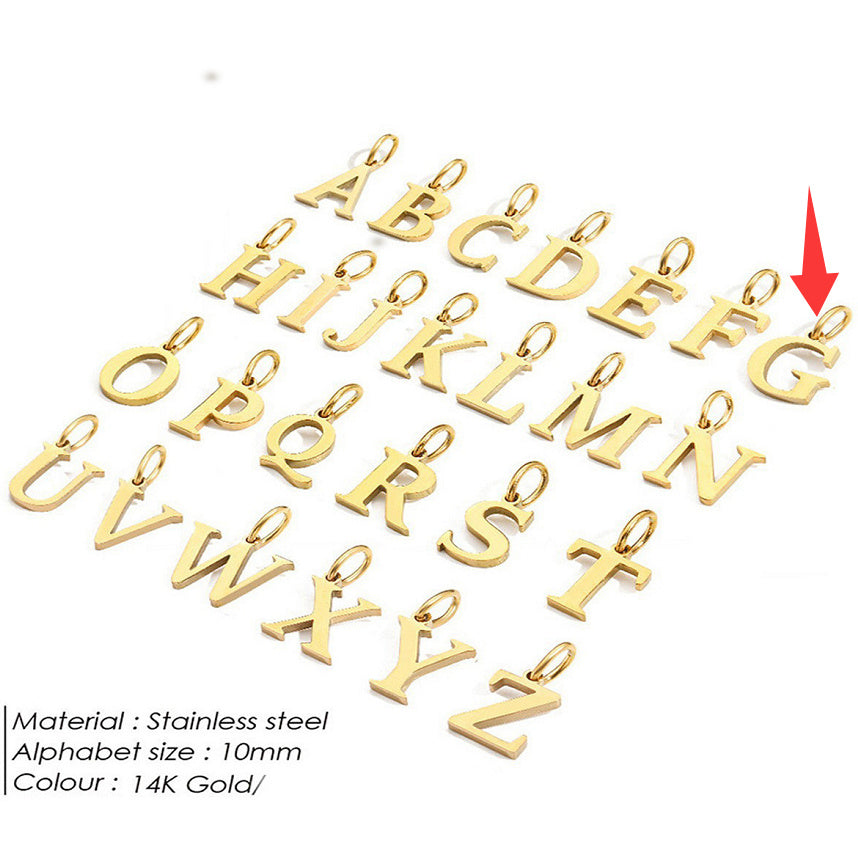 Gold letter pendants for a personalised necklace on a white background with a red arrow pointing to 'G'.
