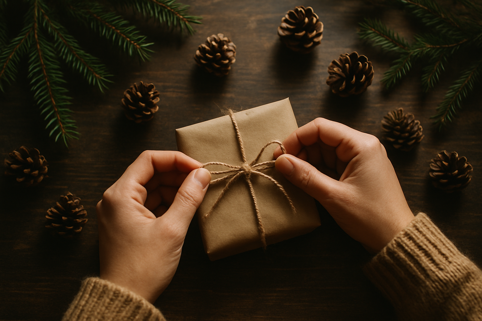 A warm, cosy overhead shot of a pair of hands carefully wrapping a small, rustic gift in brown kraft paper and twine. The gift is on a dark wooden table, surrounded by natural elements like pine cones and fir branches. The lighting is soft and natural, coming from a nearby window. The mood is authentic and heartfelt. --style raw