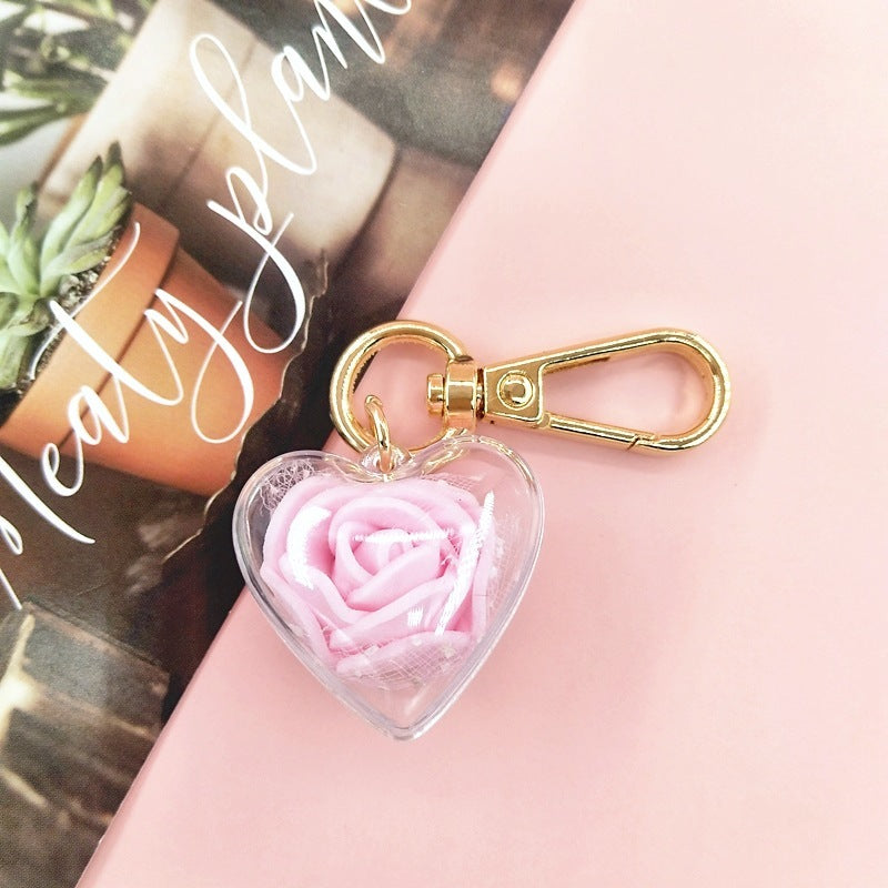 Crystal Heart Rose Flower Keychain