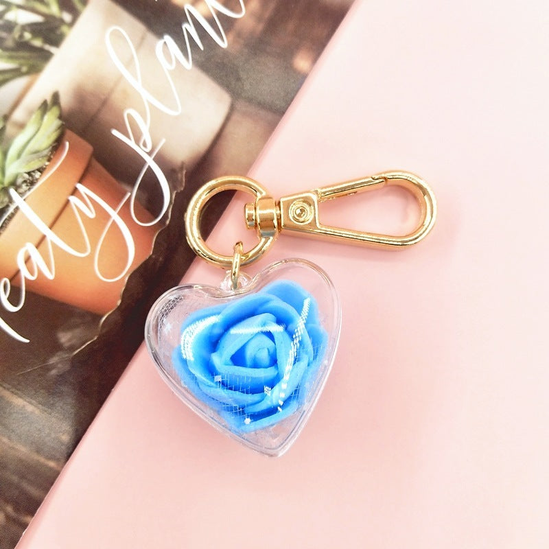 Crystal Heart Rose Flower Keychain