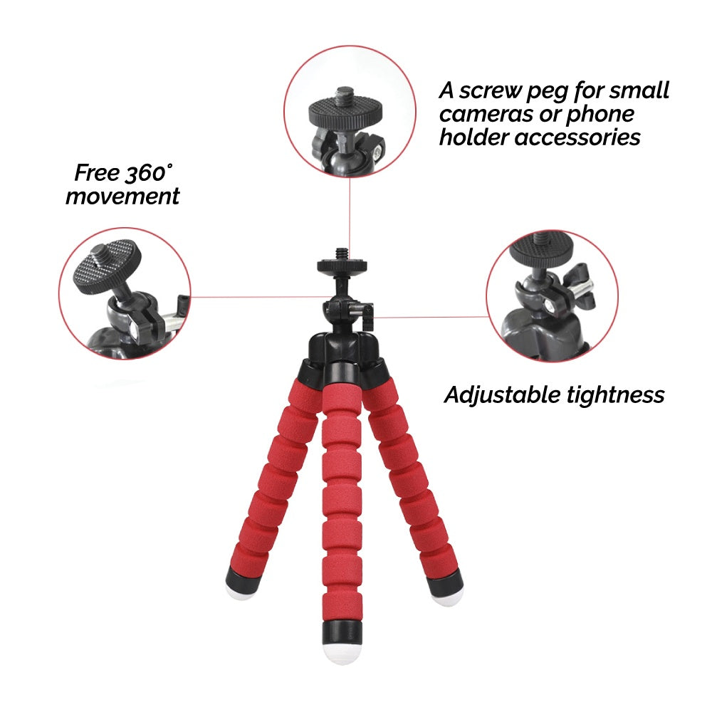 Red flexible tripod with black accents on a white background, featuring text descriptions of features.