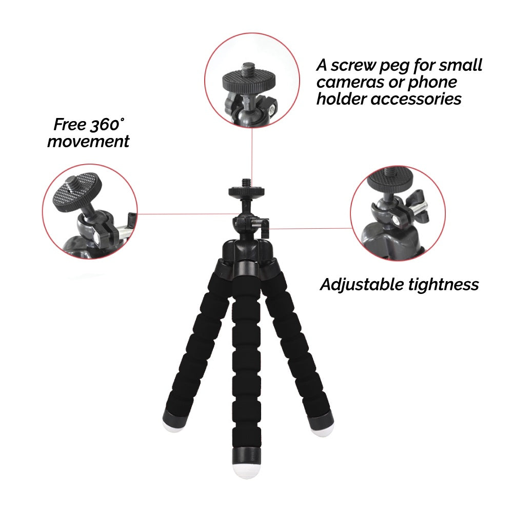 Black flexible tripod with features highlighted on a white background