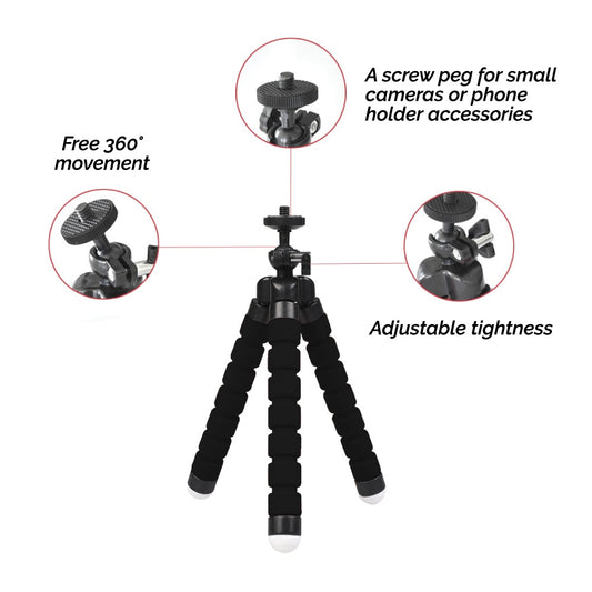 Black flexible tripod with features highlighted on a white background