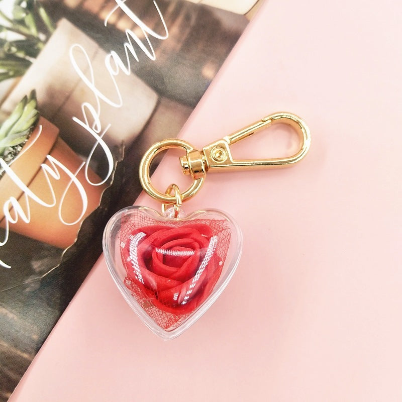 Crystal Heart Rose Flower Keychain