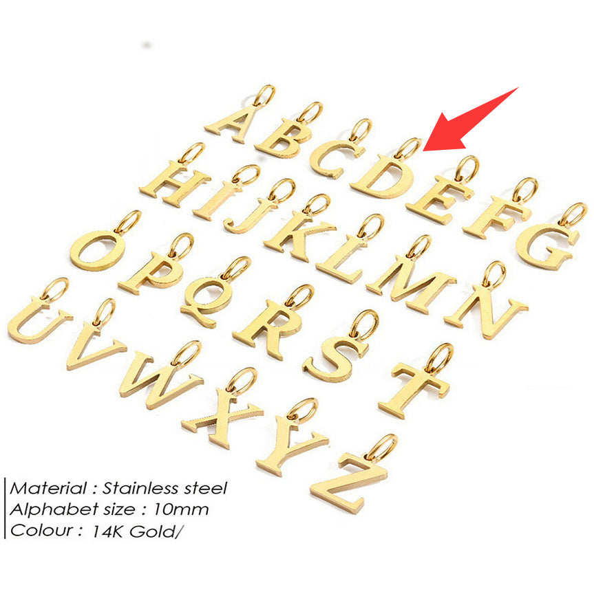 Gold letter pendants for a personalised necklace on a white background with a red arrow pointing to 'D'.