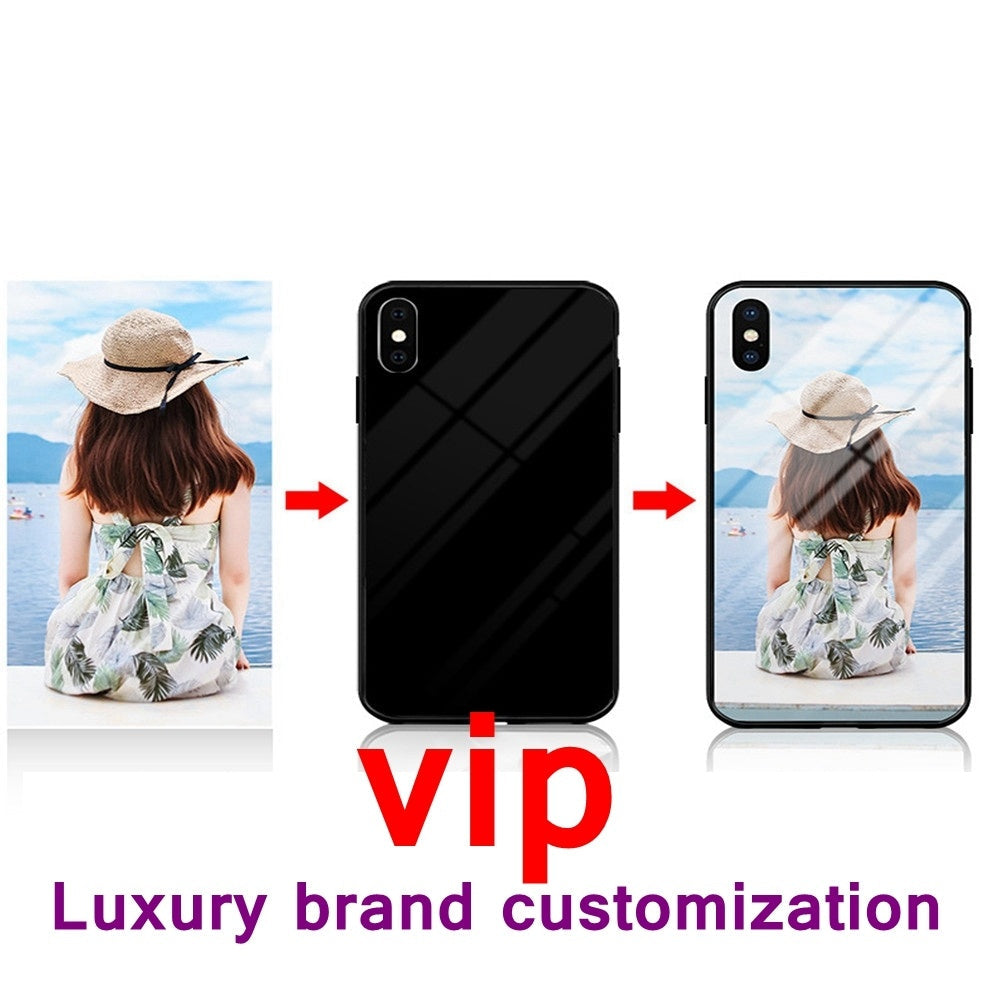 Glass shell phone case with a woman in a hat and dress on a beach, featuring text about VIP luxury brand customisation.