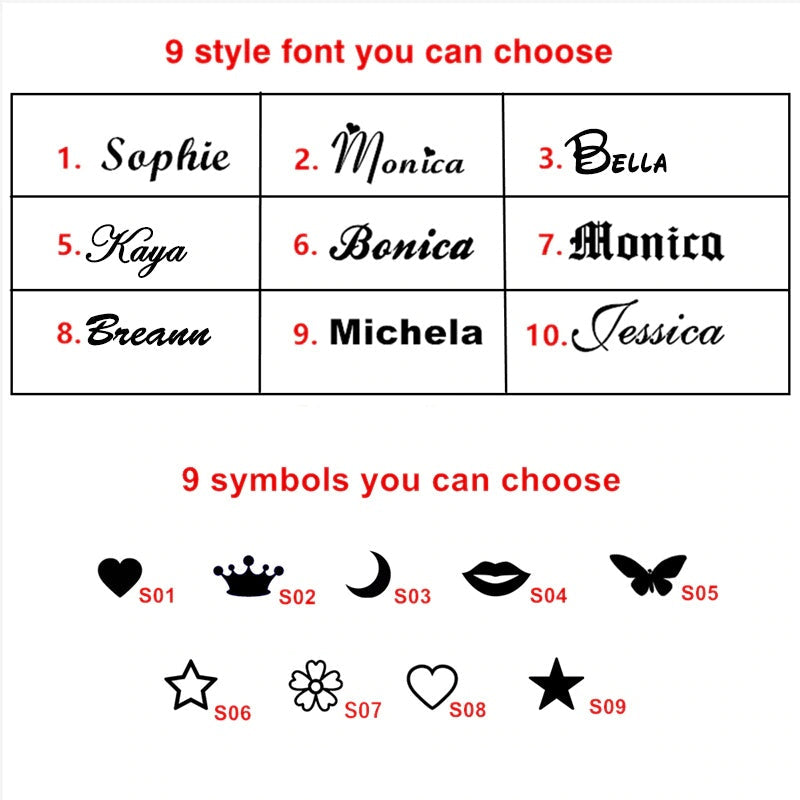 Font and symbol selection options with text and icons on a white background