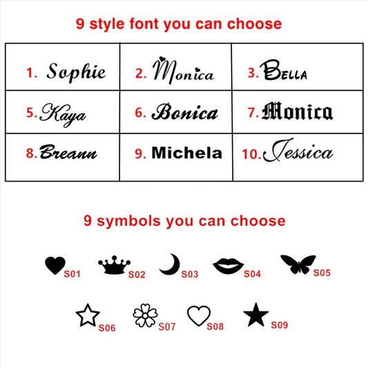 Font and symbol selection options with text and icons on a white background