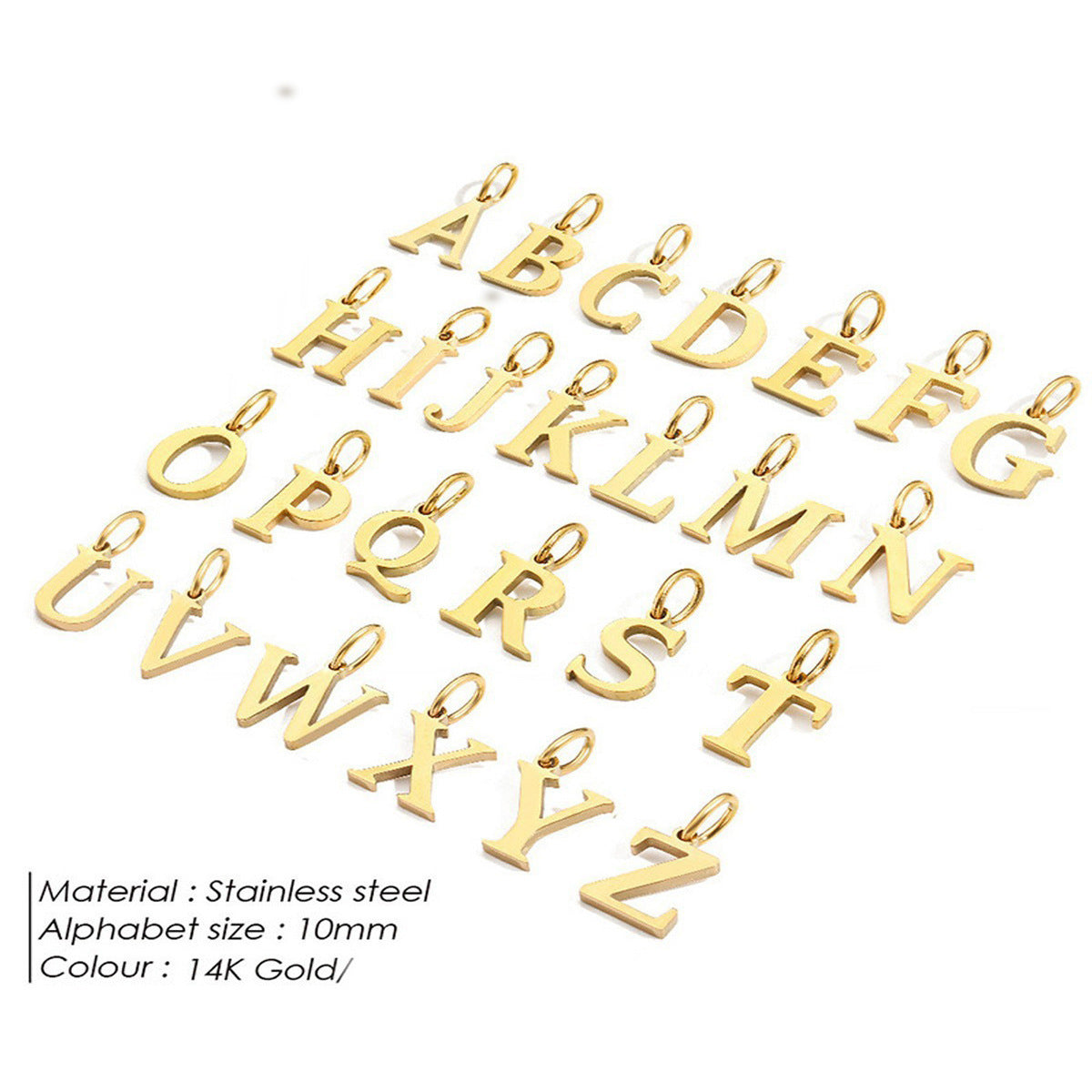 Gold letter pendants arranged in a grid on a white background