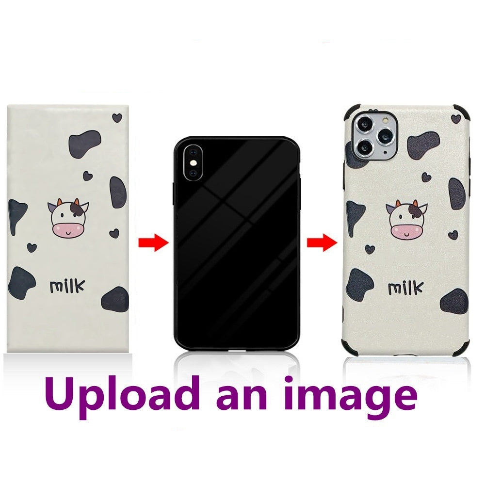 Personalised phone case with cow pattern and 'milk' text, shown on a white background.