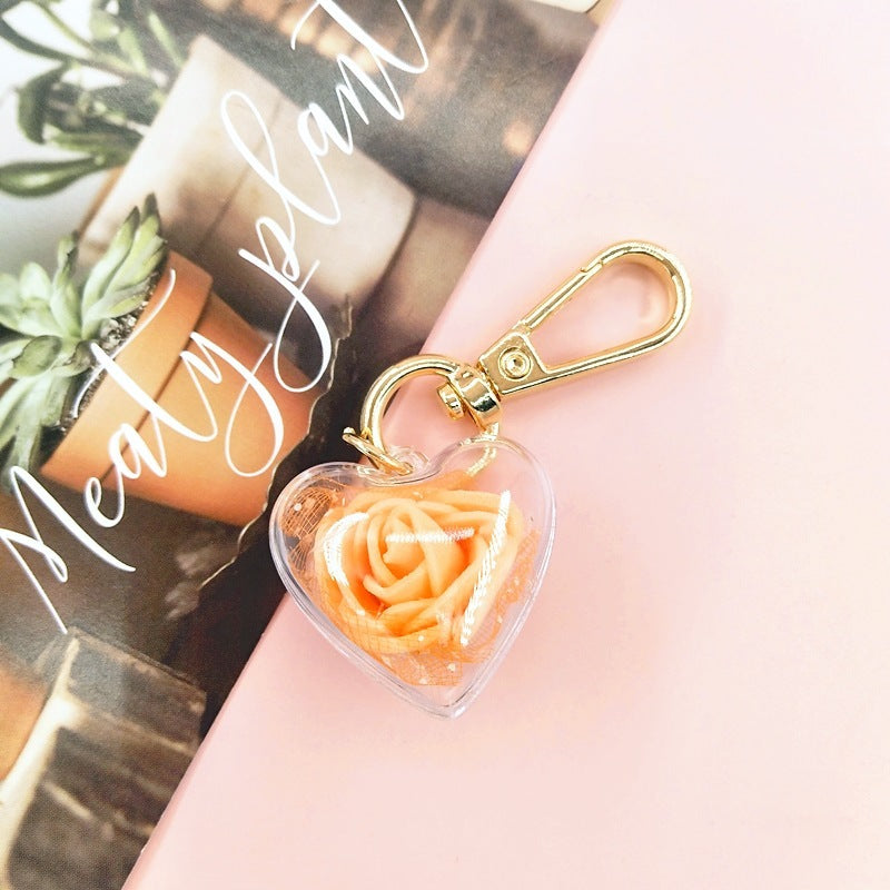 Crystal Heart Rose Flower Keychain
