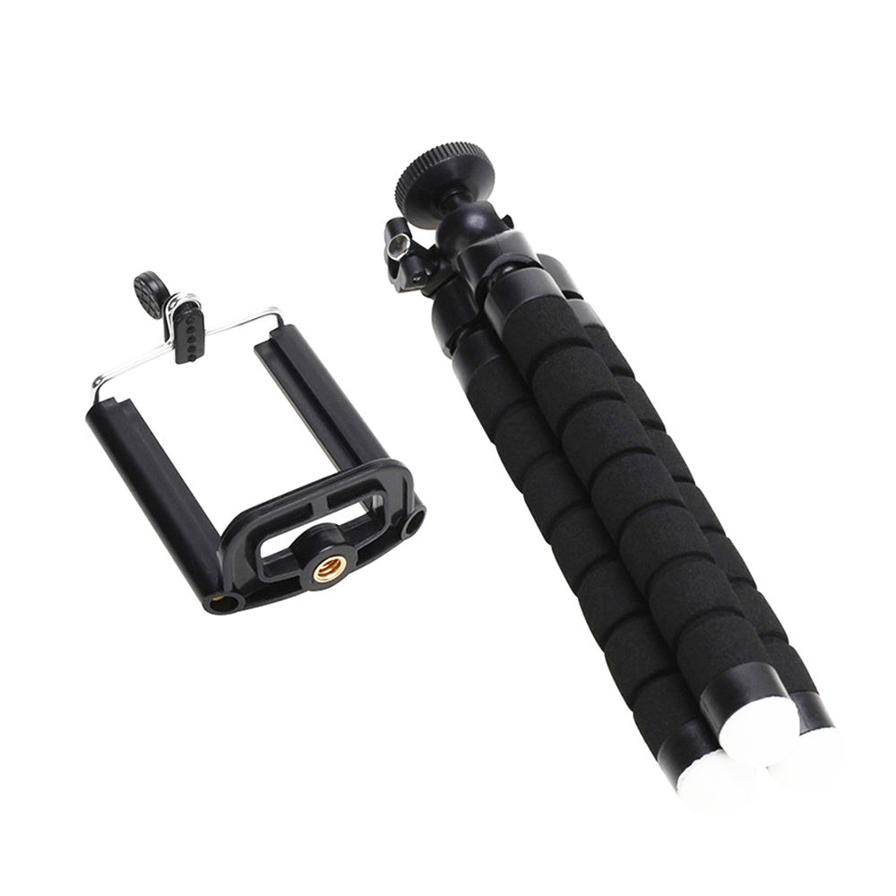 Black selfie stick with phone holder on a white background