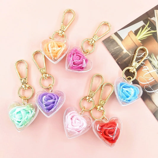 Crystal Heart Rose Flower Keychain