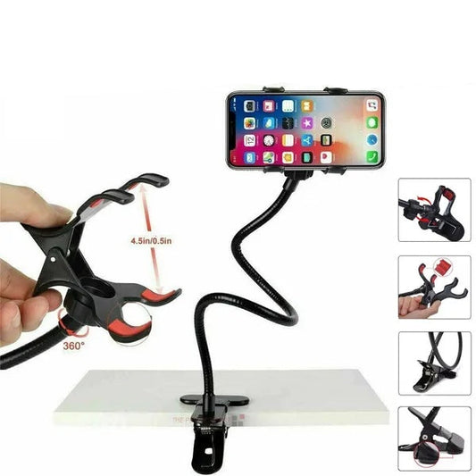 Black phone holder with flexible arm and smartphone displaying colourful app icons on a white background.