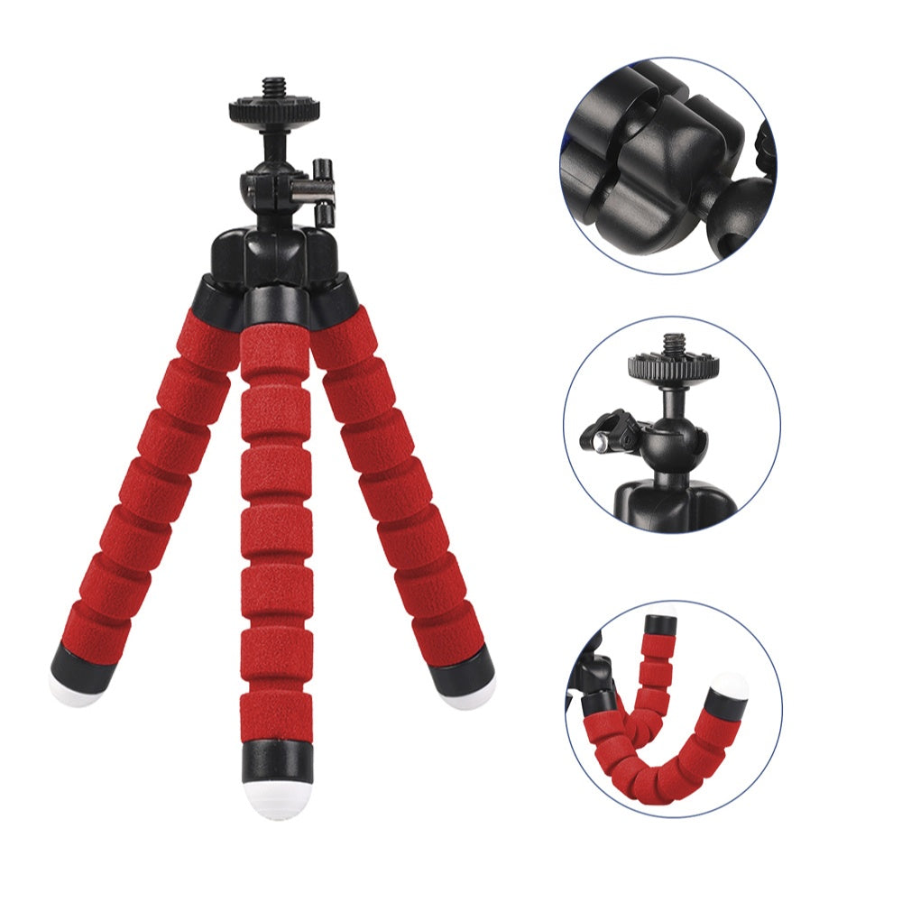 Red and black flexible camera tripod with close-up insets on a white background