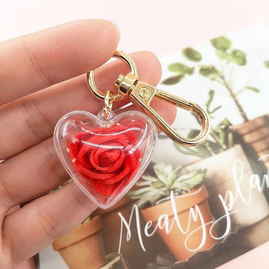 Crystal Heart Rose Flower Keychain