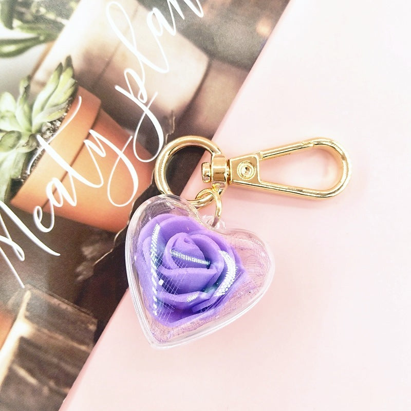 Crystal Heart Rose Flower Keychain