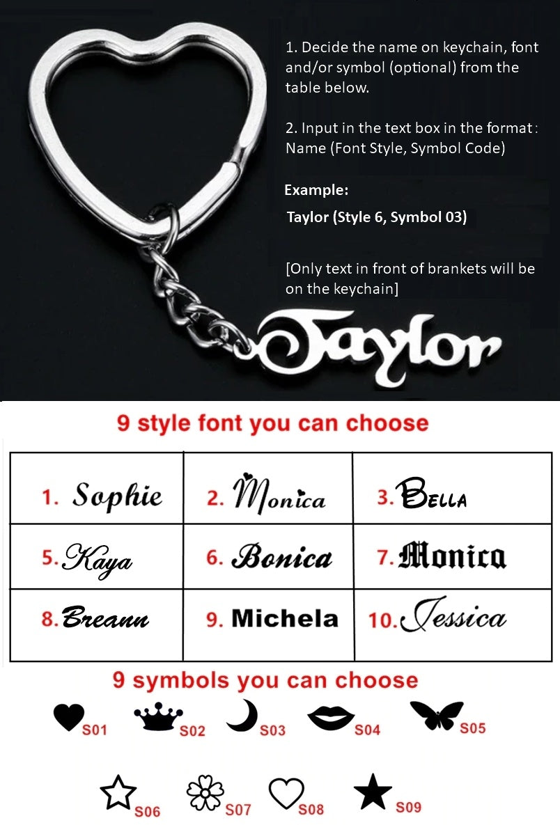 Heart-shaped keychain with customisable text and symbols on a black background
