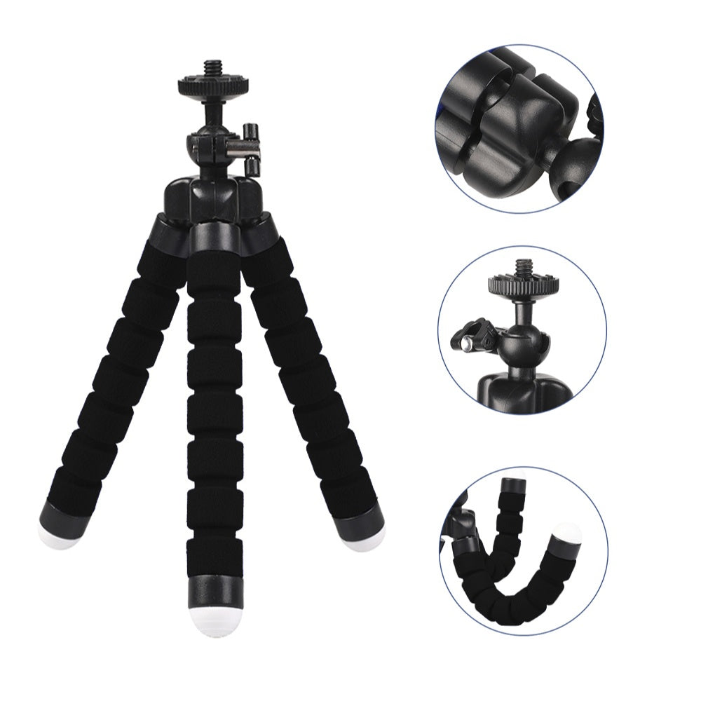 Black flexible tripod with close-up details on a white background