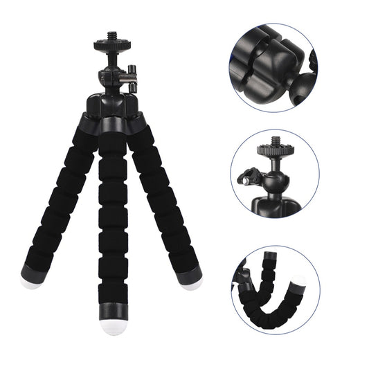 Black flexible tripod with close-up details on a white background