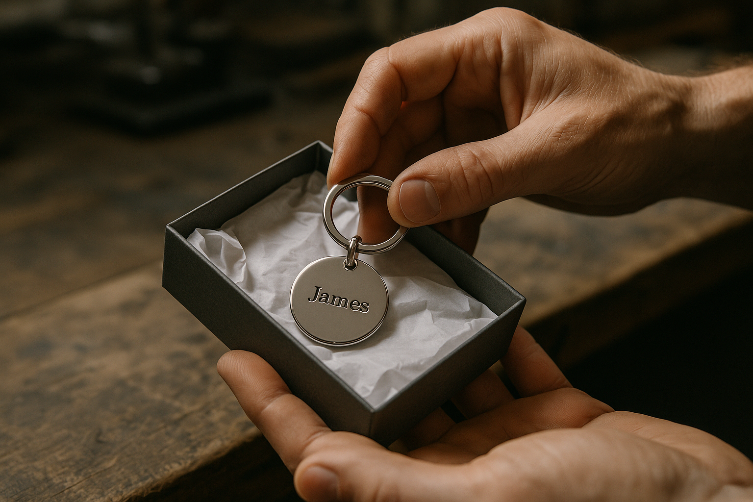 A close-up shot of a pair of hands carefully placing a personalised silver keychain into a stylish, dark grey gift box lined with white tissue paper.  The background is a clean, out-of-focus workshop scene. The lighting is soft and focused on the hands and product, conveying a sense of quality and craftsmanship. --style raw