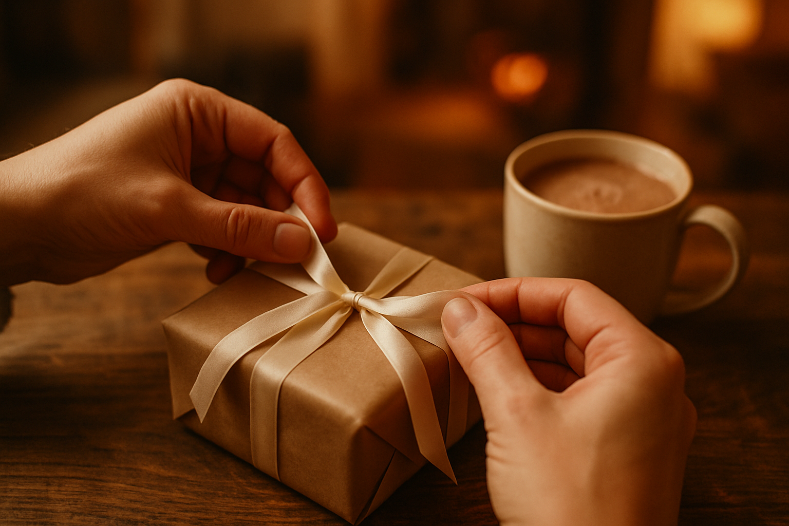 A close-up, warm-toned overhead shot of a pair of hands lovingly tying a soft, cream-coloured ribbon around a small gift wrapped in brown kraft paper. The scene is set on a rustic wooden table, with a steaming mug of hot cocoa just in frame, adding to the cosy atmosphere. The background is softly blurred, hinting at a warm, inviting living room with the soft glow of a fireplace or a lamp. The overall mood is intimate, warm, and full of heartfelt care. --style raw