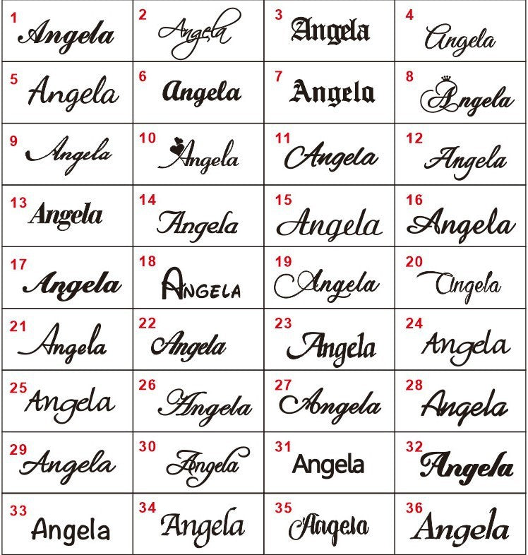 Grid of 'Angela' text in various calligraphic styles on a white background for the design of a personalised necklace