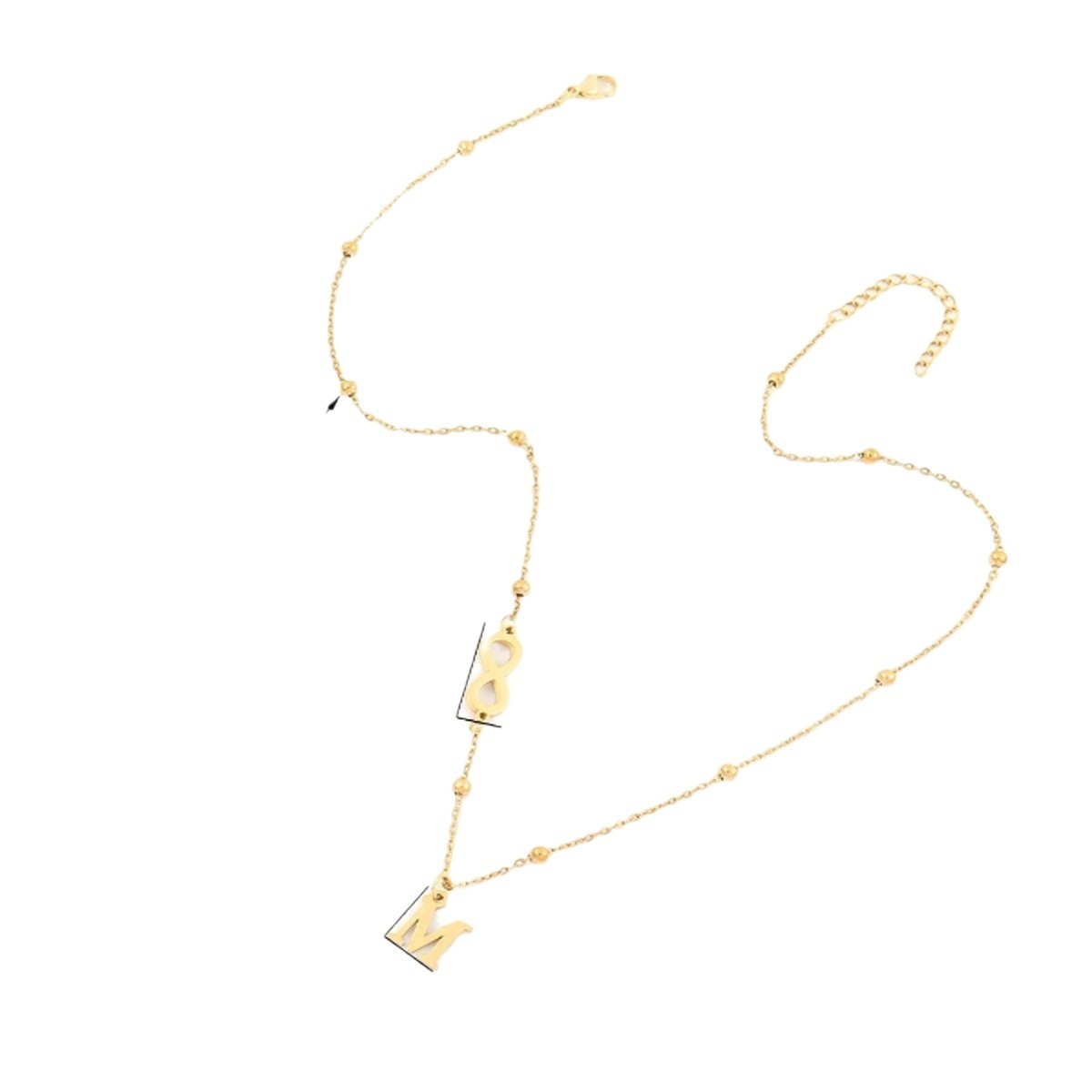 Gold personalised necklace with letter 'M' pendant on a white background
