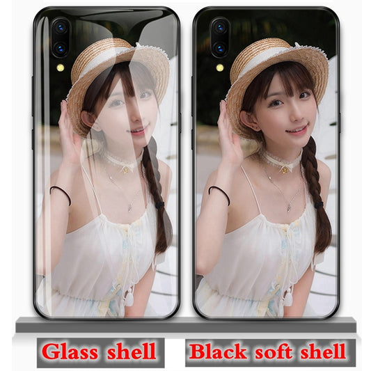 Two phone case options with a person wearing a straw hat and white dress, labeled 'Glass shell' and 'Black soft shell'.