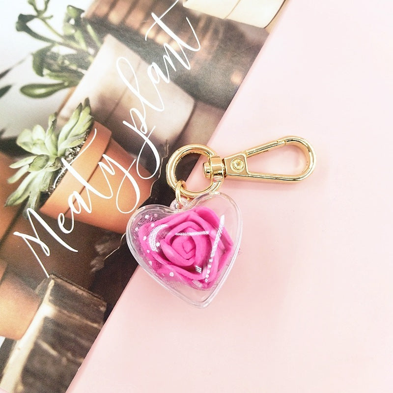 Crystal Heart Rose Flower Keychain