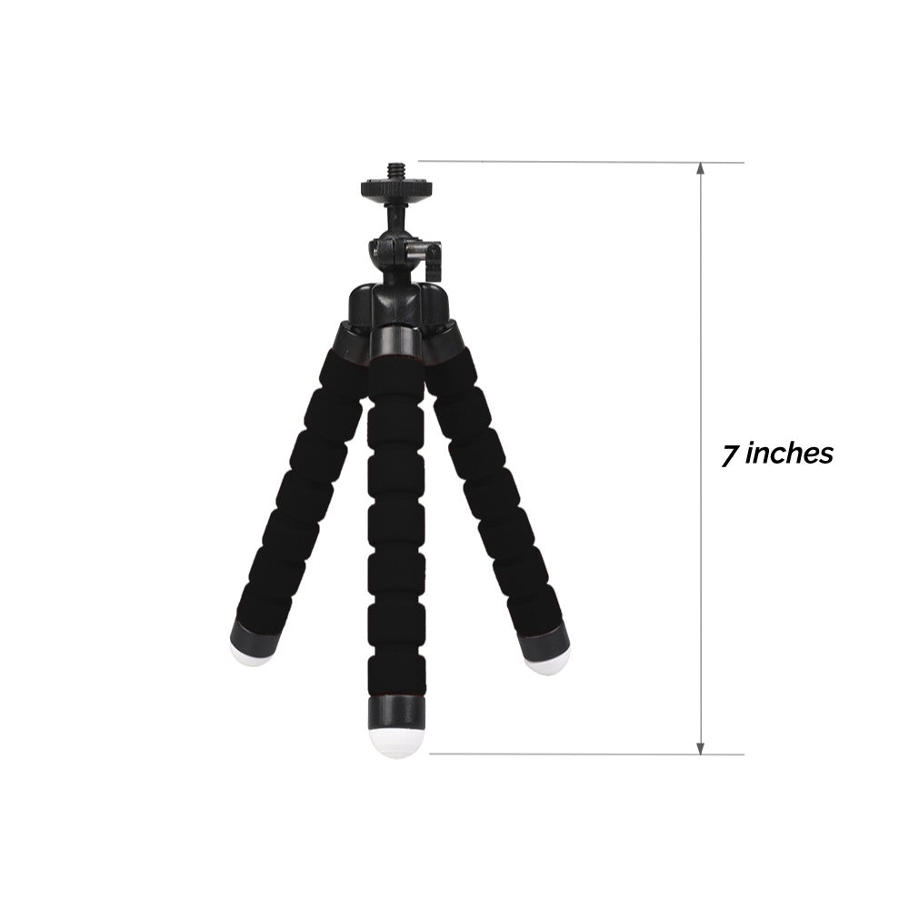 Black flexible tripod with measurement label on a white background