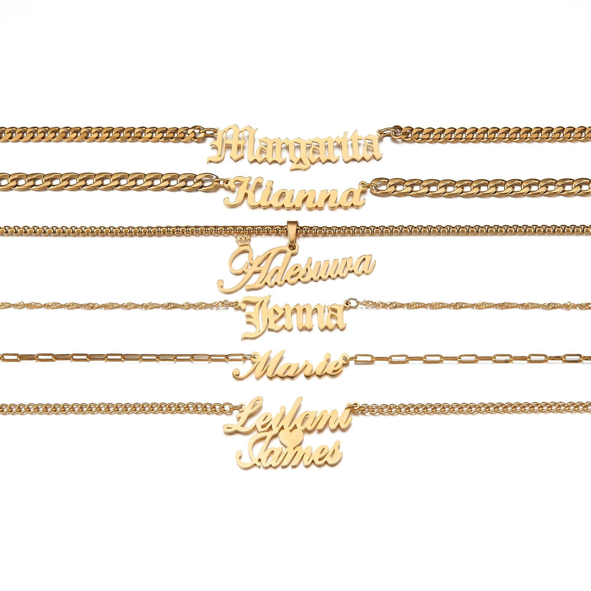 Set of gold personalised name necklaces on a white background